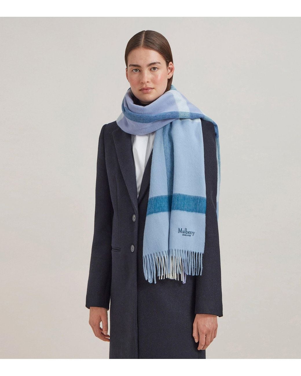 Mulberry Blue Large Merino Wool Check Scarf