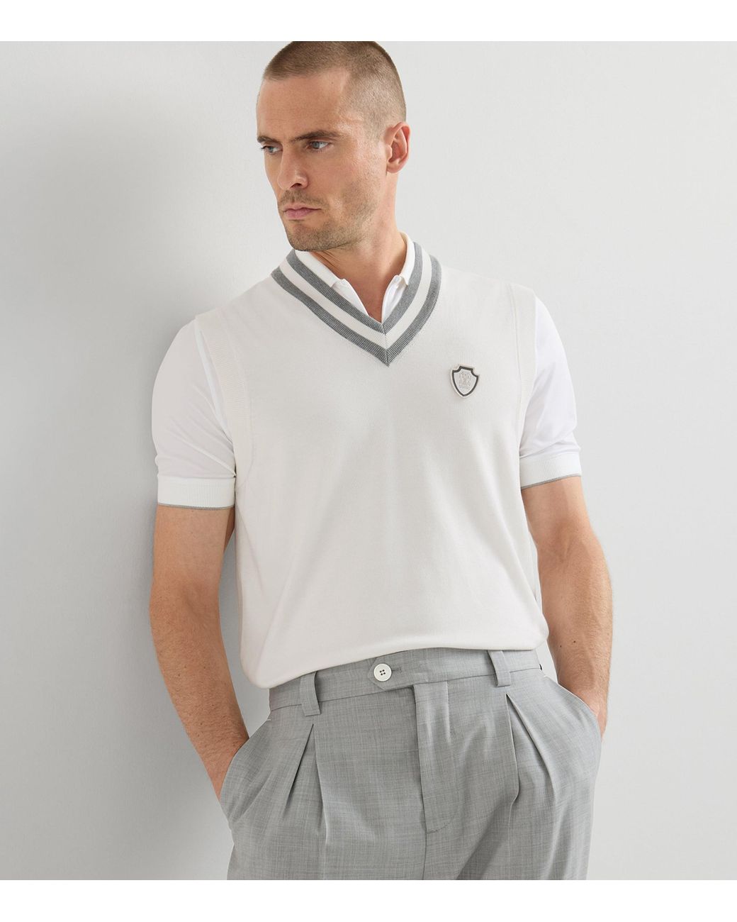 Brunello Cucinelli White Cotton Crest Sweater Vest for men
