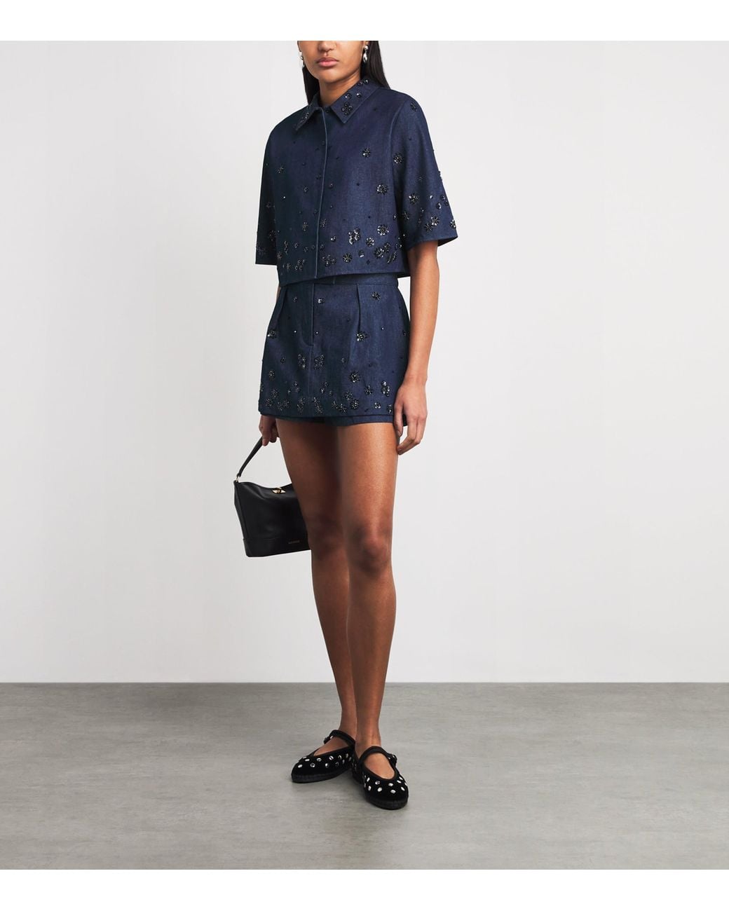 Maje Blue Denim Embellished Cropped Shirt