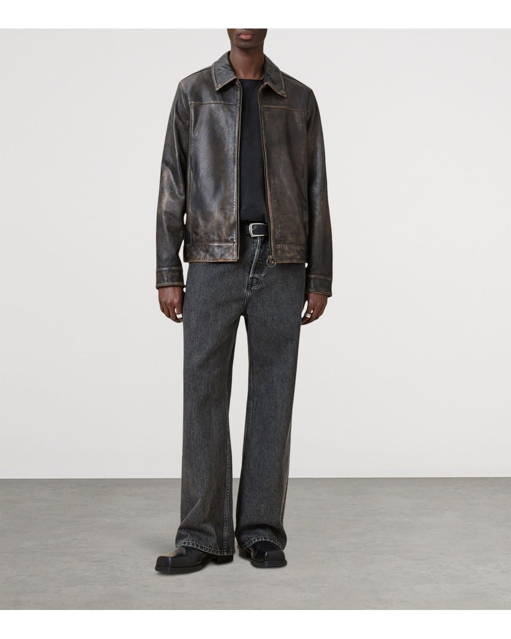 AllSaints Black Allsaints Alkan Collared Zip Up Two Tone Leather Jacket for men