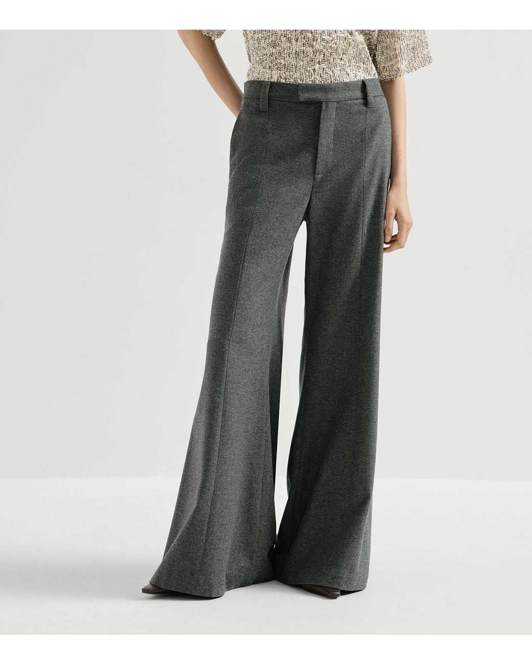 Brunello Cucinelli Gray Wool-Cashmere Flare Tailored Trousers
