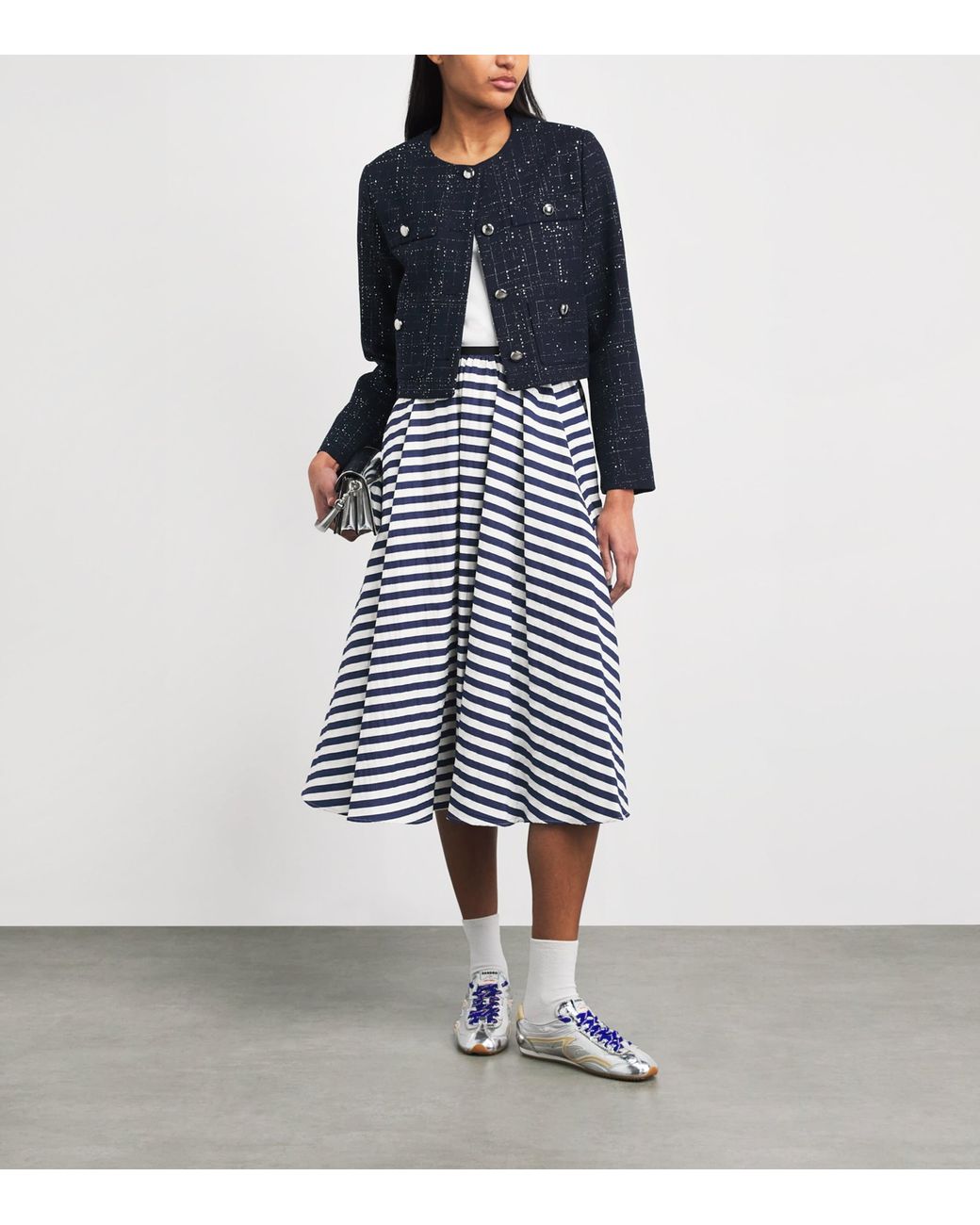 Maje Blue Pleated Stripe Midi Skirt