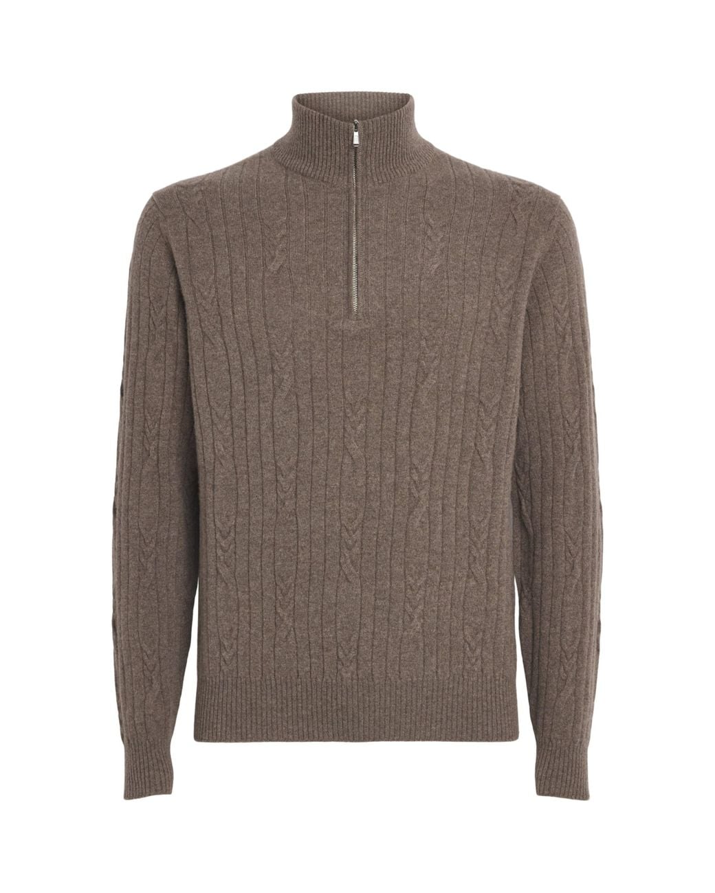 FIORONI CASHMERE Brown Cashmere Cable Knit Quarter-Zip Sweatshirt for men