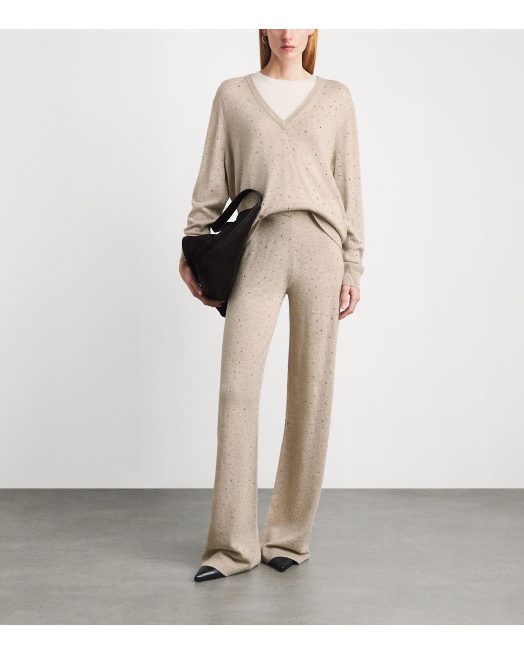 Allude Natural Wool-Cashmere Crystal-Embellished V-Neck Sweater