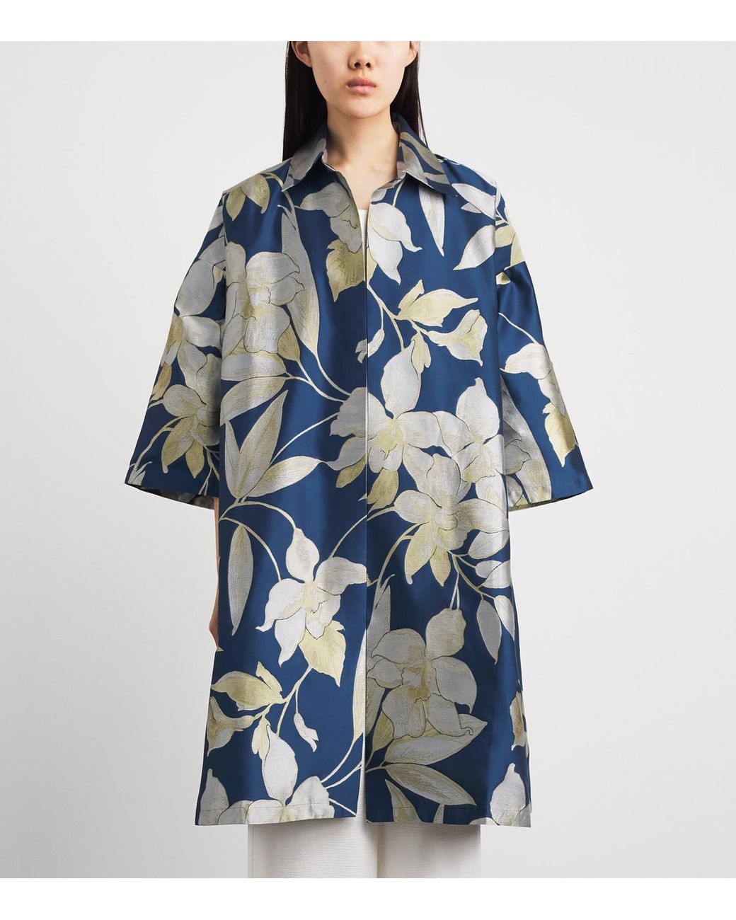 Eskandar Blue Cotton-Silk Jacquard A-Line Shacket
