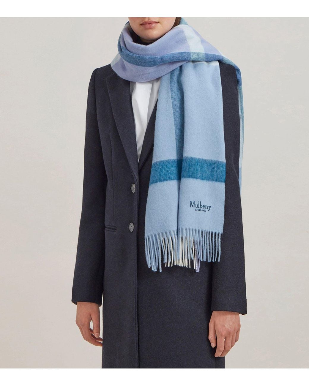 Mulberry Blue Large Merino Wool Check Scarf