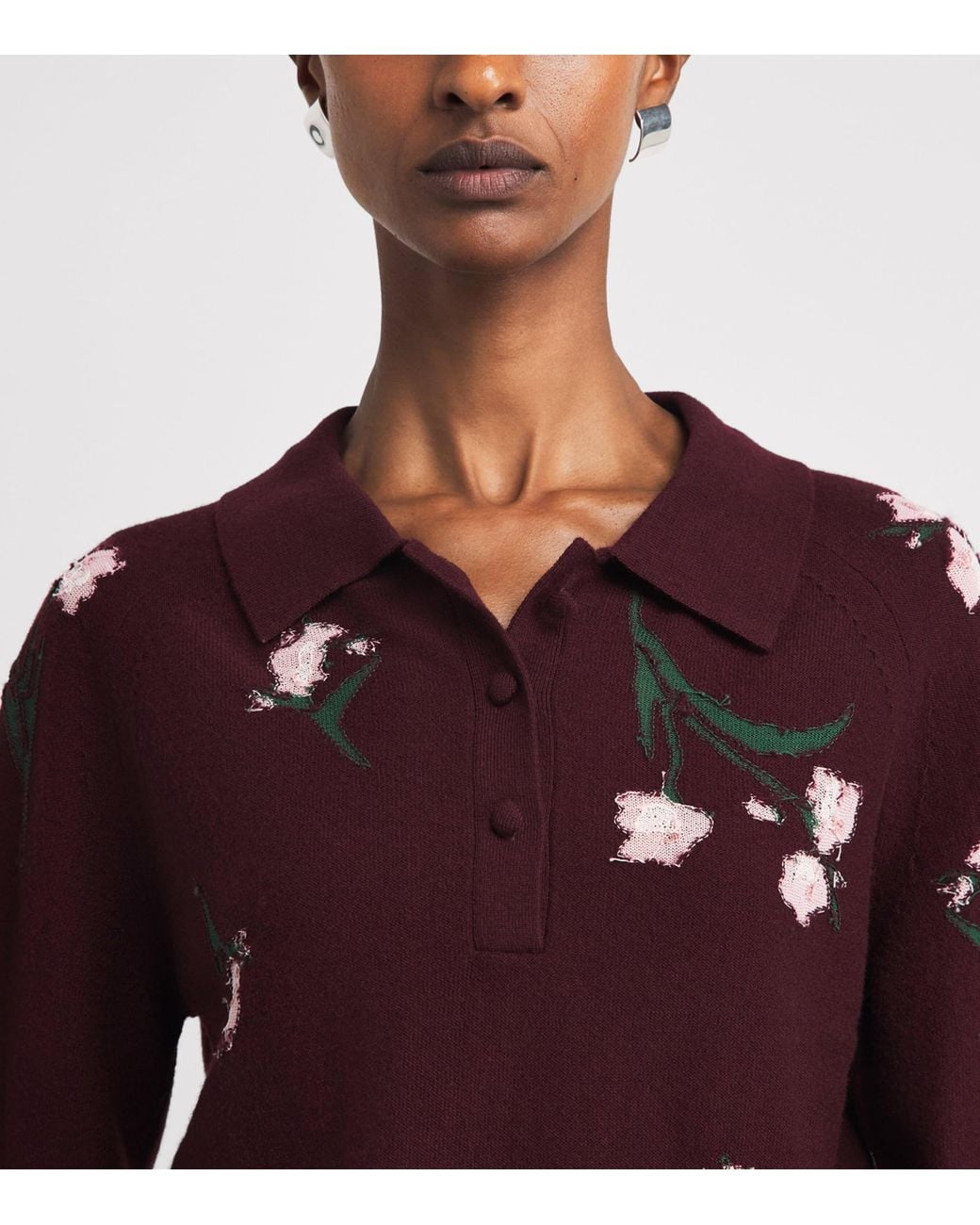 Erdem Red Merino Wool Floral Polo Sweater