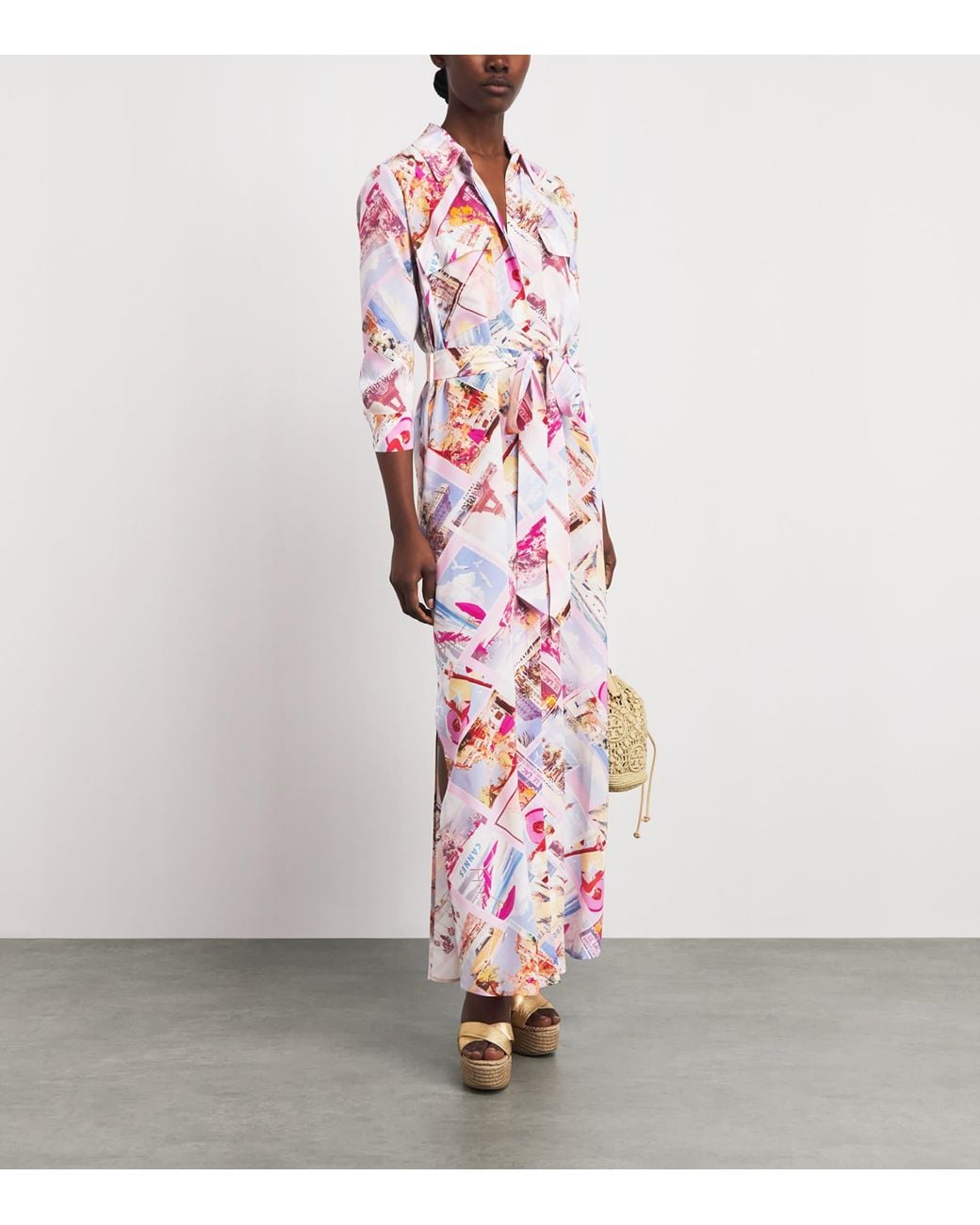 L'Agence Pink Silk Printed Cameron Maxi Shirt Dress