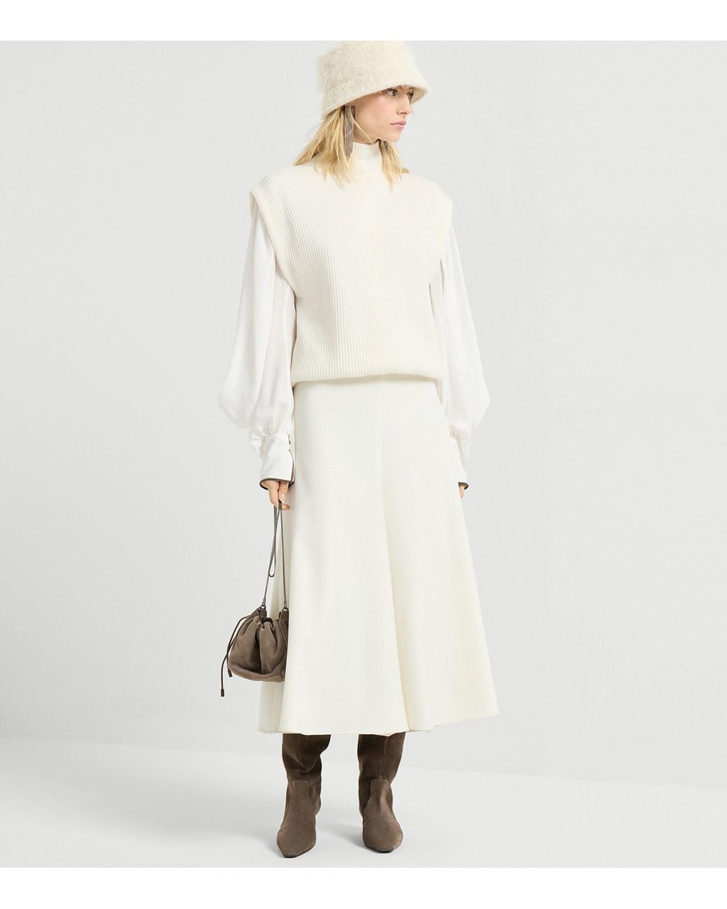 Brunello Cucinelli White Virgin Wool Fluted Midi Skirt