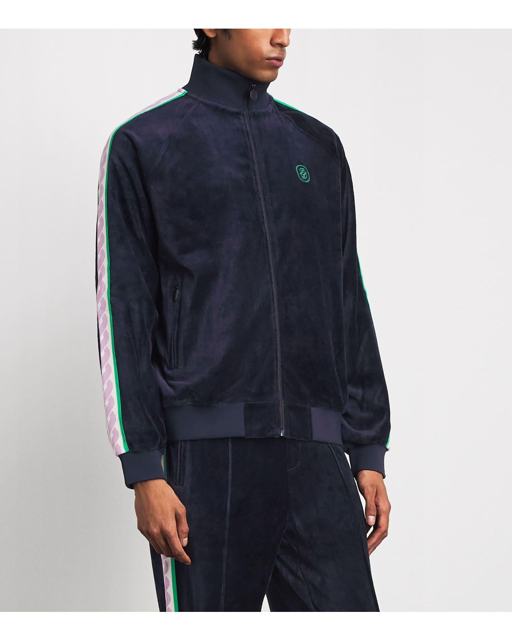Drole de Monsieur Blue Velour Embroidered Track Jacket for men