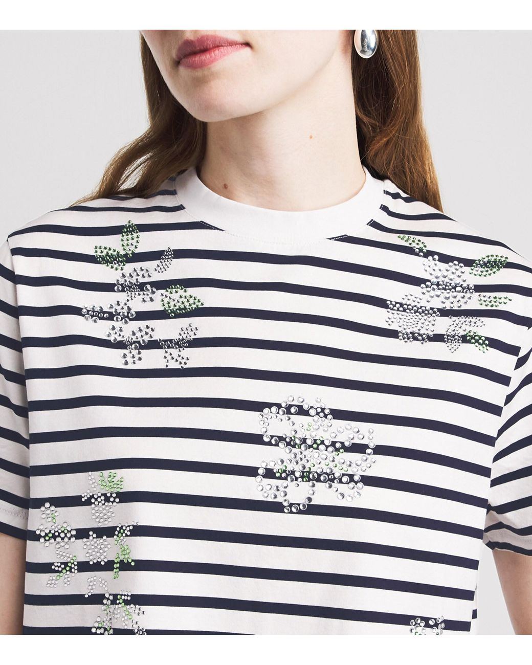 Maje White Cotton Rhinestone Stripe T-Shirt