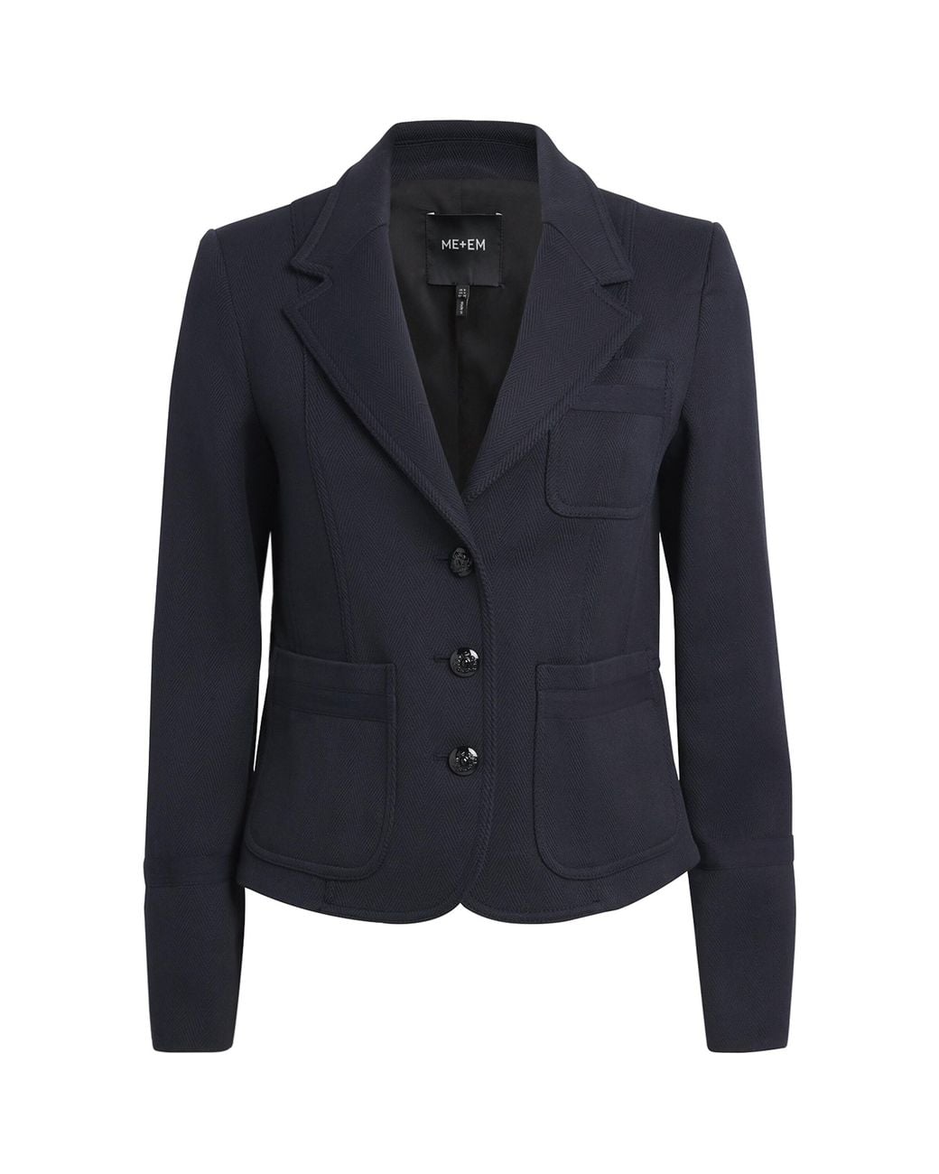 ME+EM Blue Cotton-Blend Herringbone Cropped Jacket