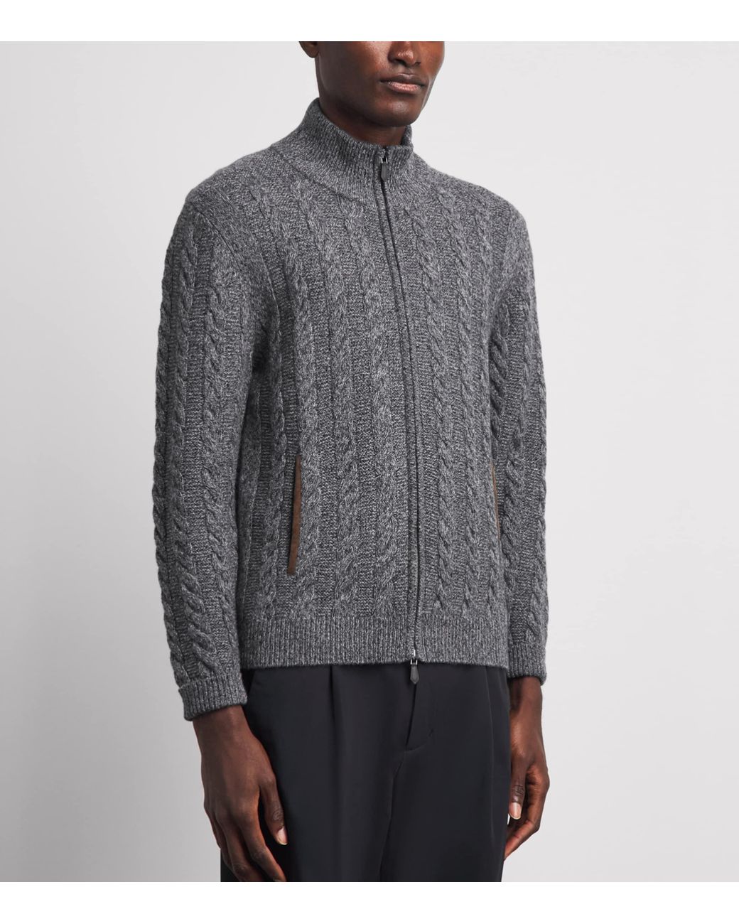 N.Peal Cashmere Gray Cashmere Cable-Knit Zip-Up Cardigan for men
