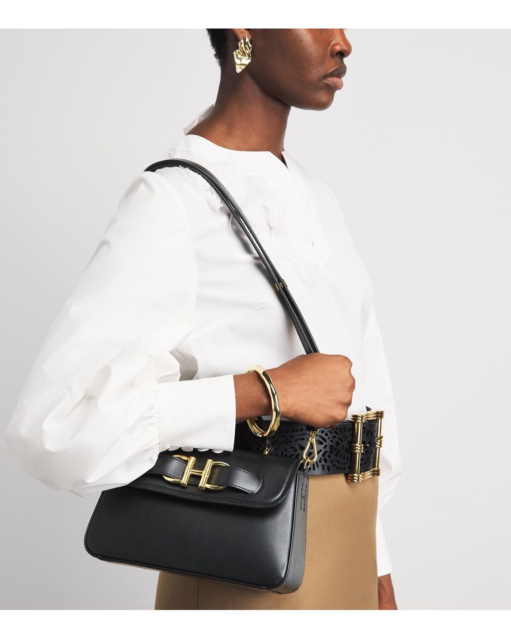 Harrods Black Leather Snaffle Top-Handle Bag