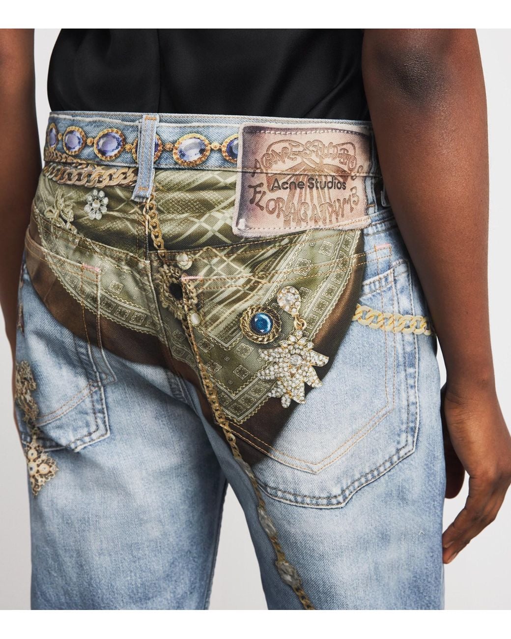 Acne Blue 1981 Printed-Jewellery Low-Rise Wide-Leg Jeans