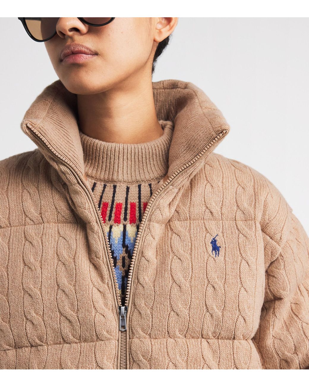 Polo Ralph Lauren Brown Wool-Cashmere Cable-Knit Bomber Jacket
