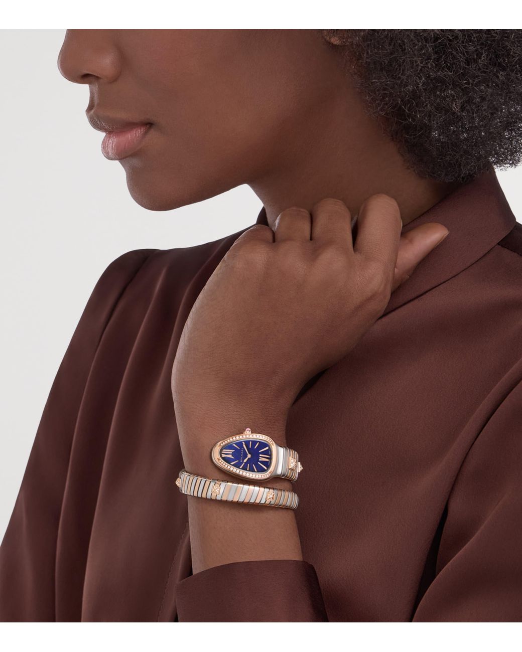 BVLGARI Blue Small Rose, Stainless Steel And Diamond Serpenti Tubogas Studs Watch