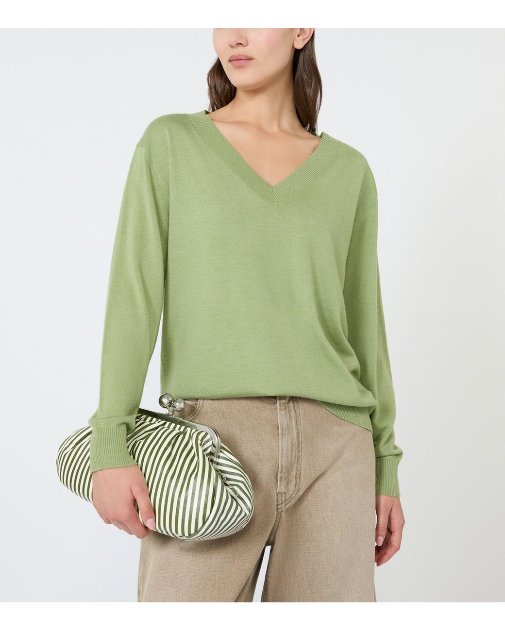 Weekend by Maxmara Green Wool-Silk V-Neck Sweater