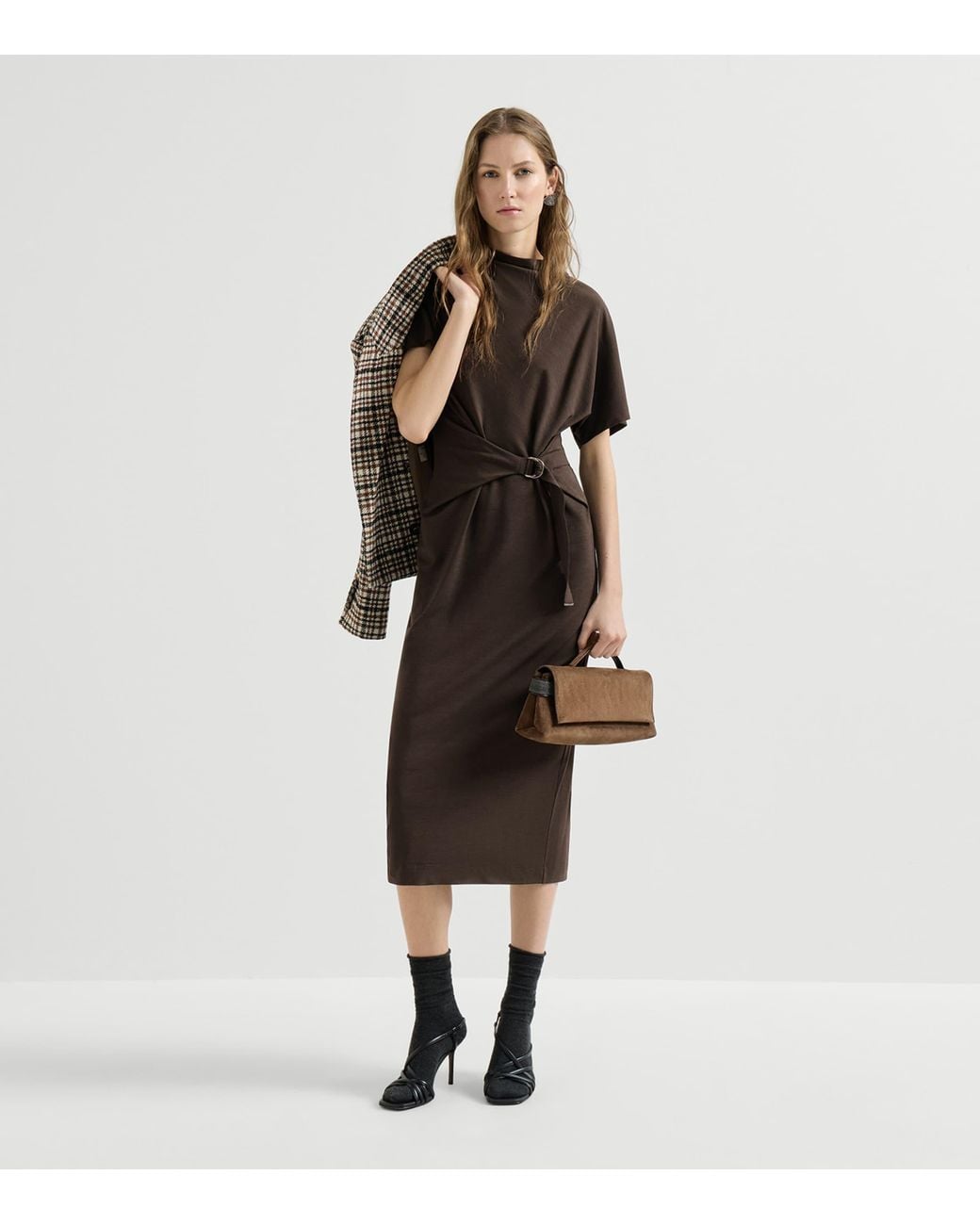 Brunello Cucinelli Brown Wool-Blend Belted Midi Dress