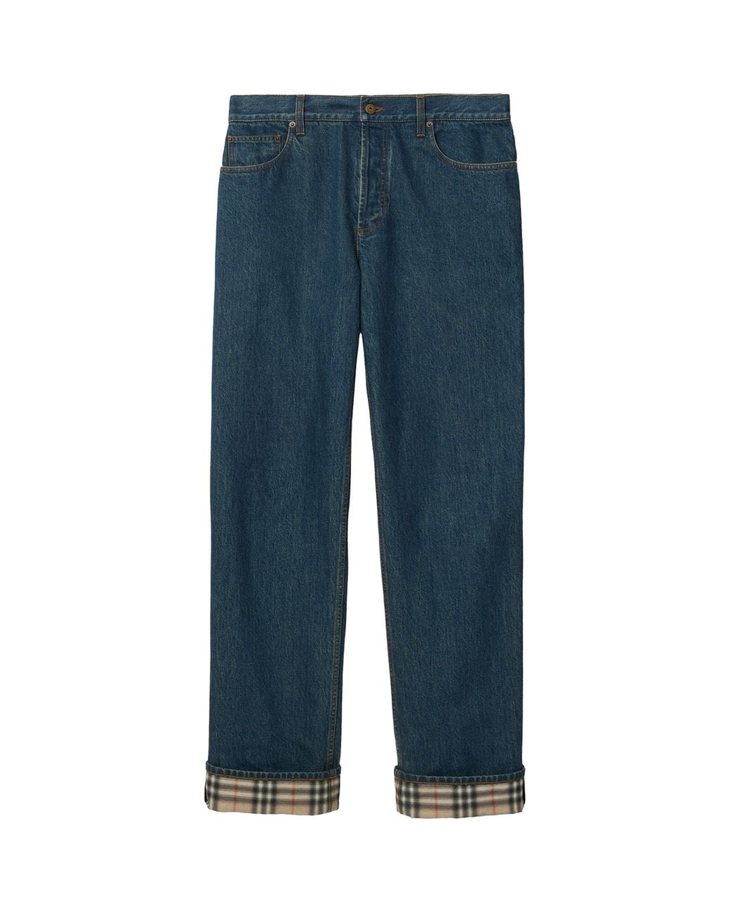 Burberry Blue Check Turn-Up Straight Jeans for men