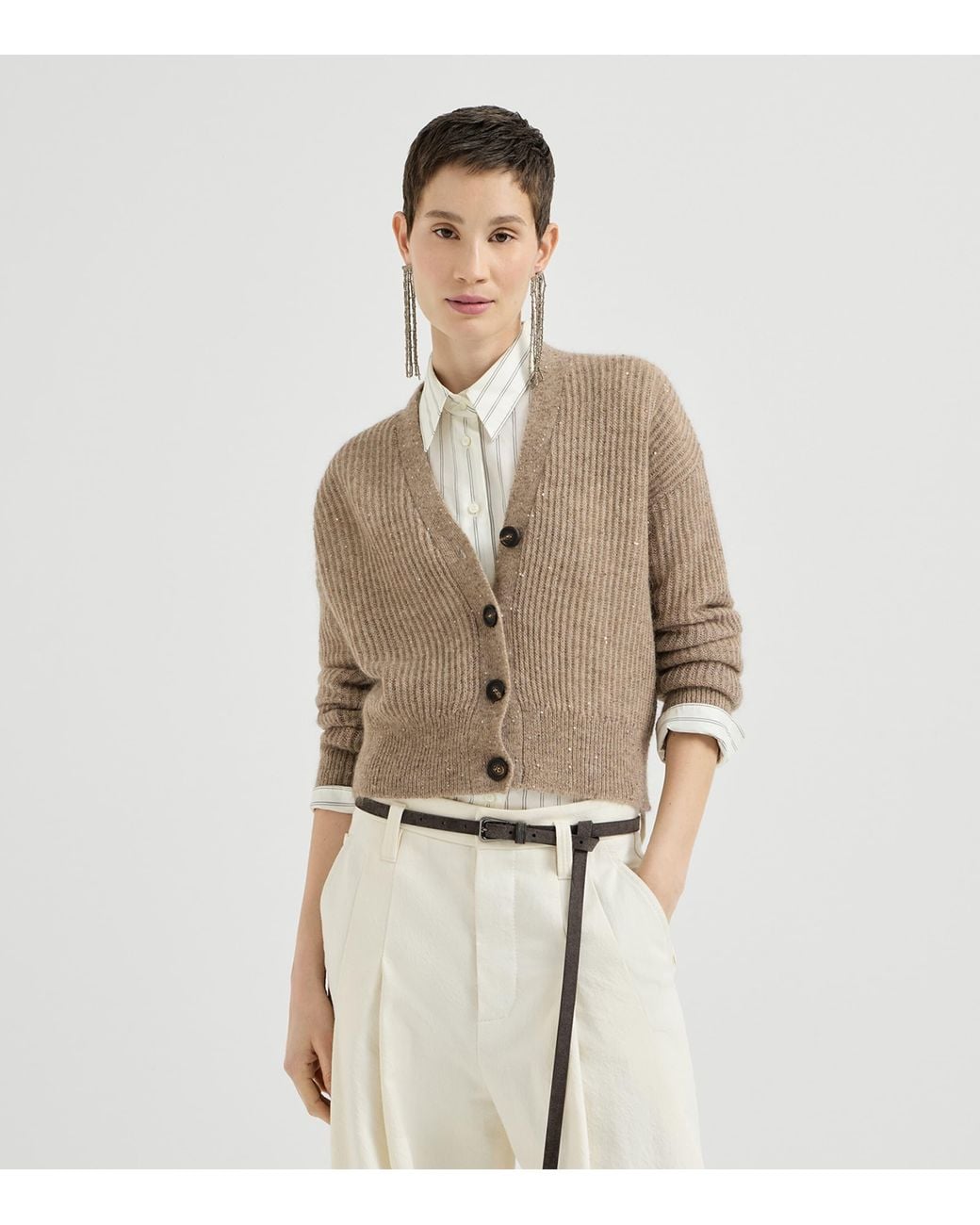 Brunello Cucinelli Natural English Rib Sequin Cardigan