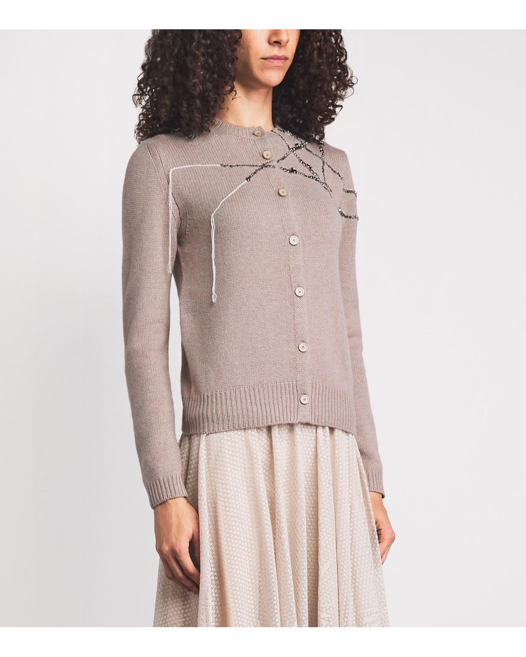 Fabiana Filippi Brown Wool-Silk-Cashmere Embellished Cardigan