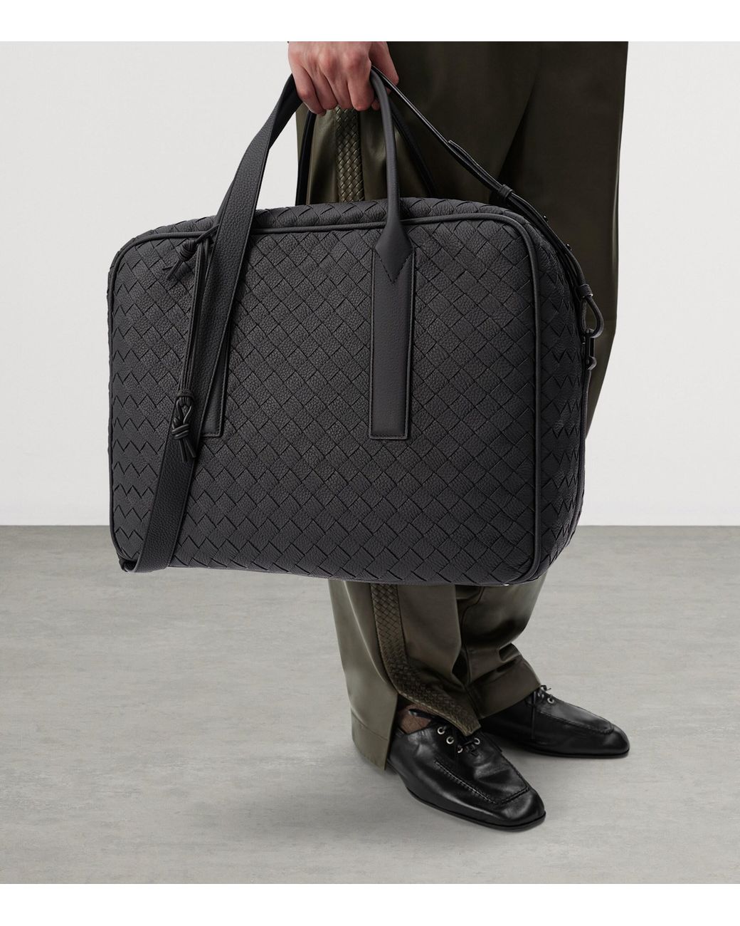Bottega Veneta Black Leather Intrecciato Getaway Weekender Travel Bag