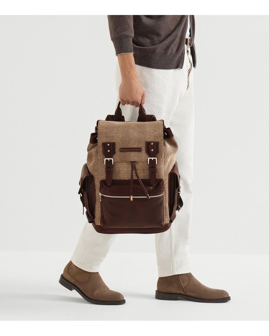 Brunello Cucinelli Brown Leather-Trim Backpack for men