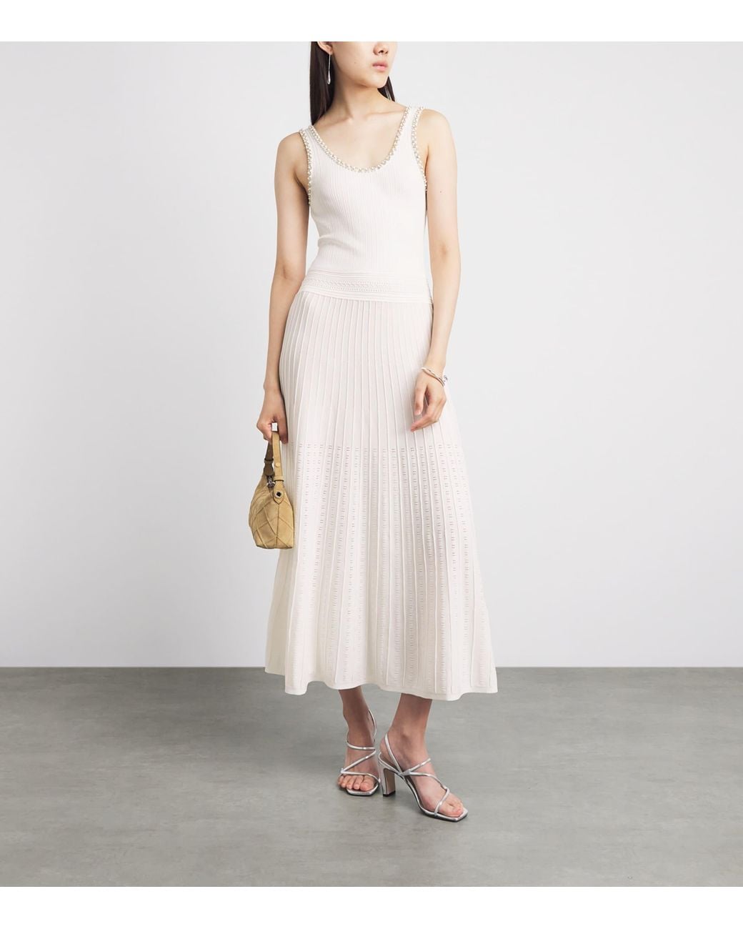 Sandro White Knitted Embellished Midi Dress