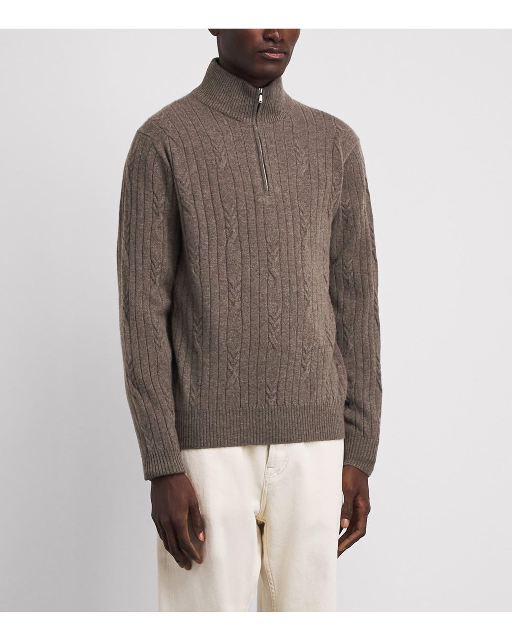 FIORONI CASHMERE Brown Cashmere Cable Knit Quarter-Zip Sweatshirt for men