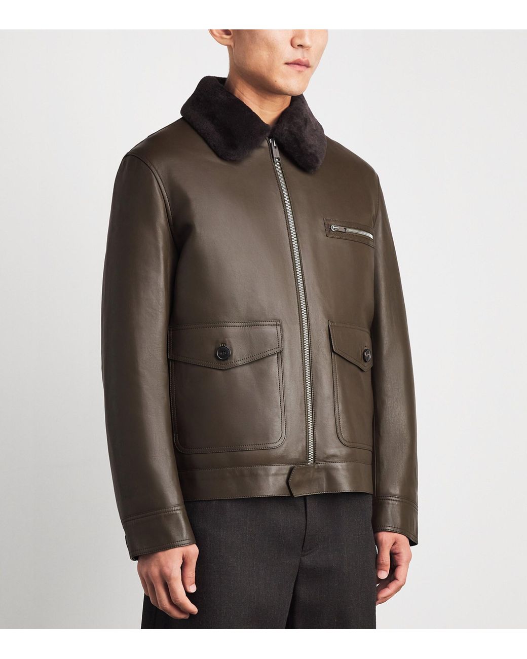 Yves Salomon Brown Shearling-Collar Leather Aviator Jacket for men