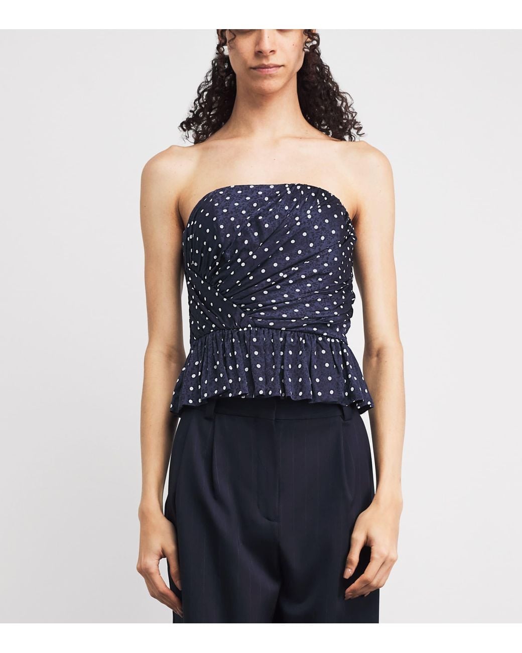 Maje Blue Polka-Dot Ruffled Peplum Top