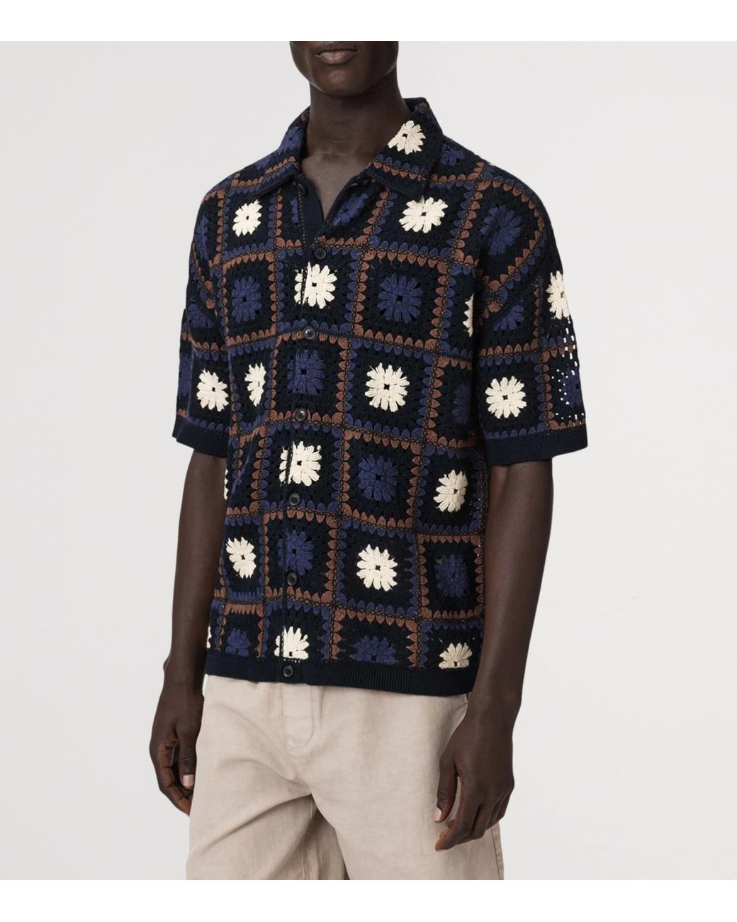 AllSaints Blue Organic Cotton Crochet Short-Sleeve Shirt for men