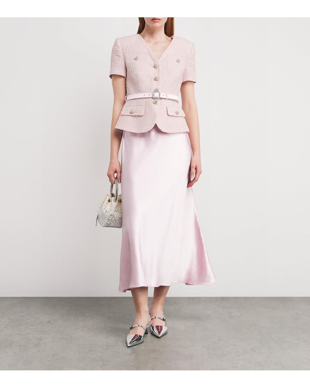 knee length dresses for ladies Self-Portrait Boucle Pearl Midi Dress Pink