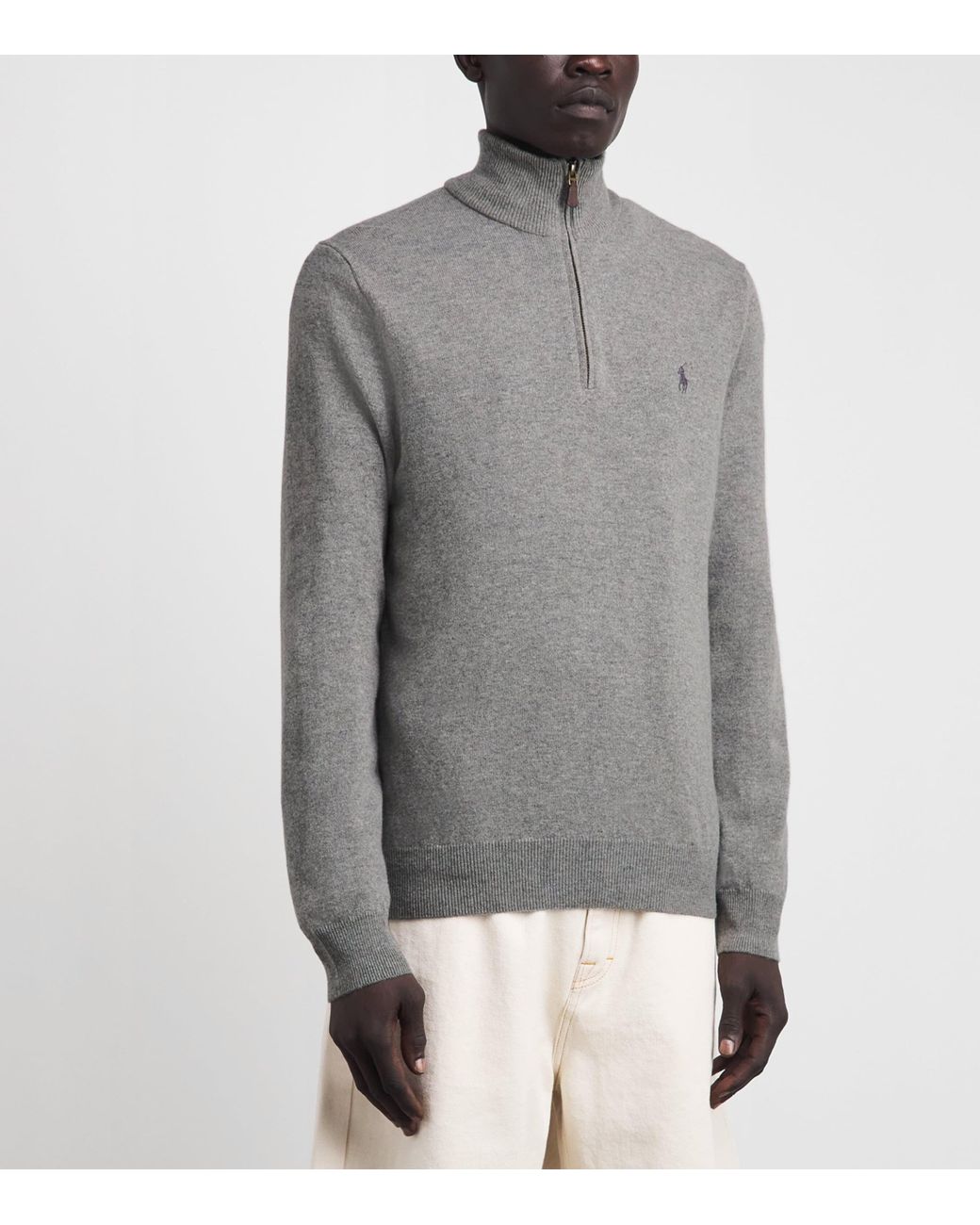 Polo Ralph Lauren Gray Wool Polo Pony Quarter-Zip Sweater for men