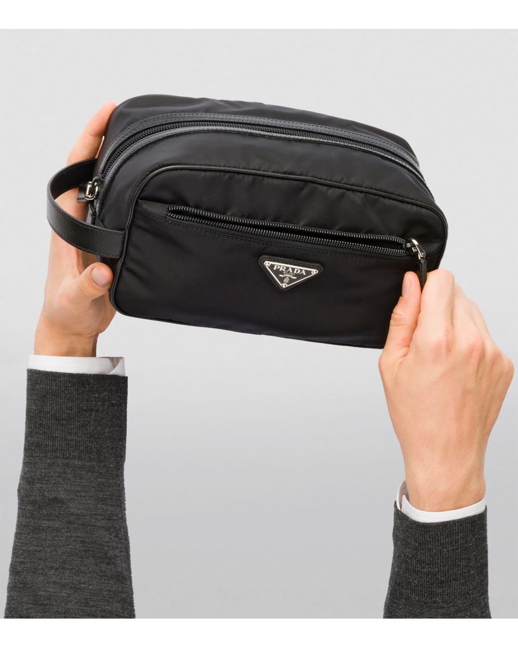 Prada Black Re-Nylon And Saffiano Leather Wash Bag for men