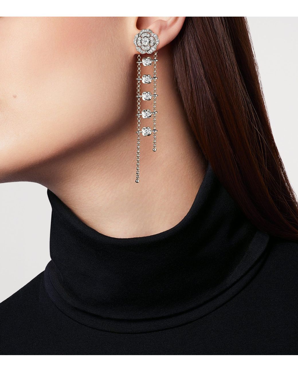Chanel White And Diamond Camélia Transformable Earrings