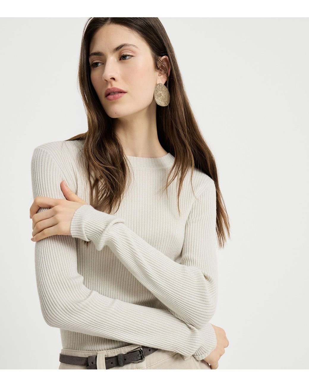 Brunello Cucinelli White Cashmere-Blend Ribbed Sparkle Sweater