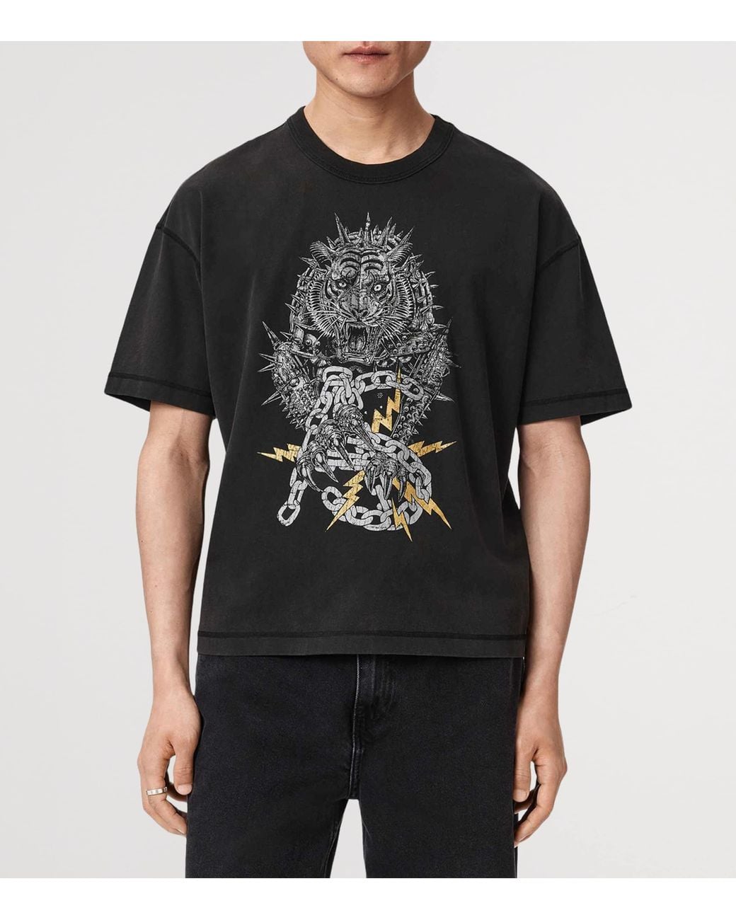 AllSaints Black Cotton Iron Tiger T-Shirt for men