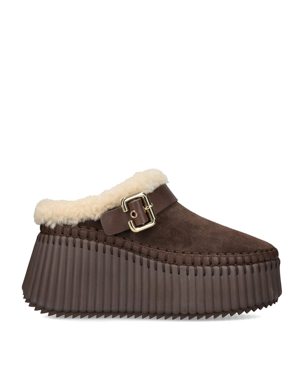 Chloé Brown Suede-Shearling Nama Wedge Mules 90