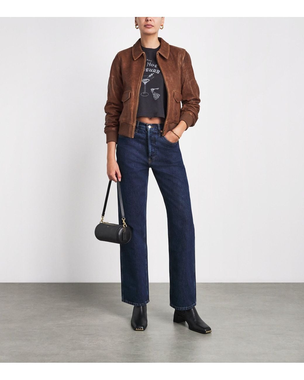 Re/done Brown Leather Quinn Bomber Jacket