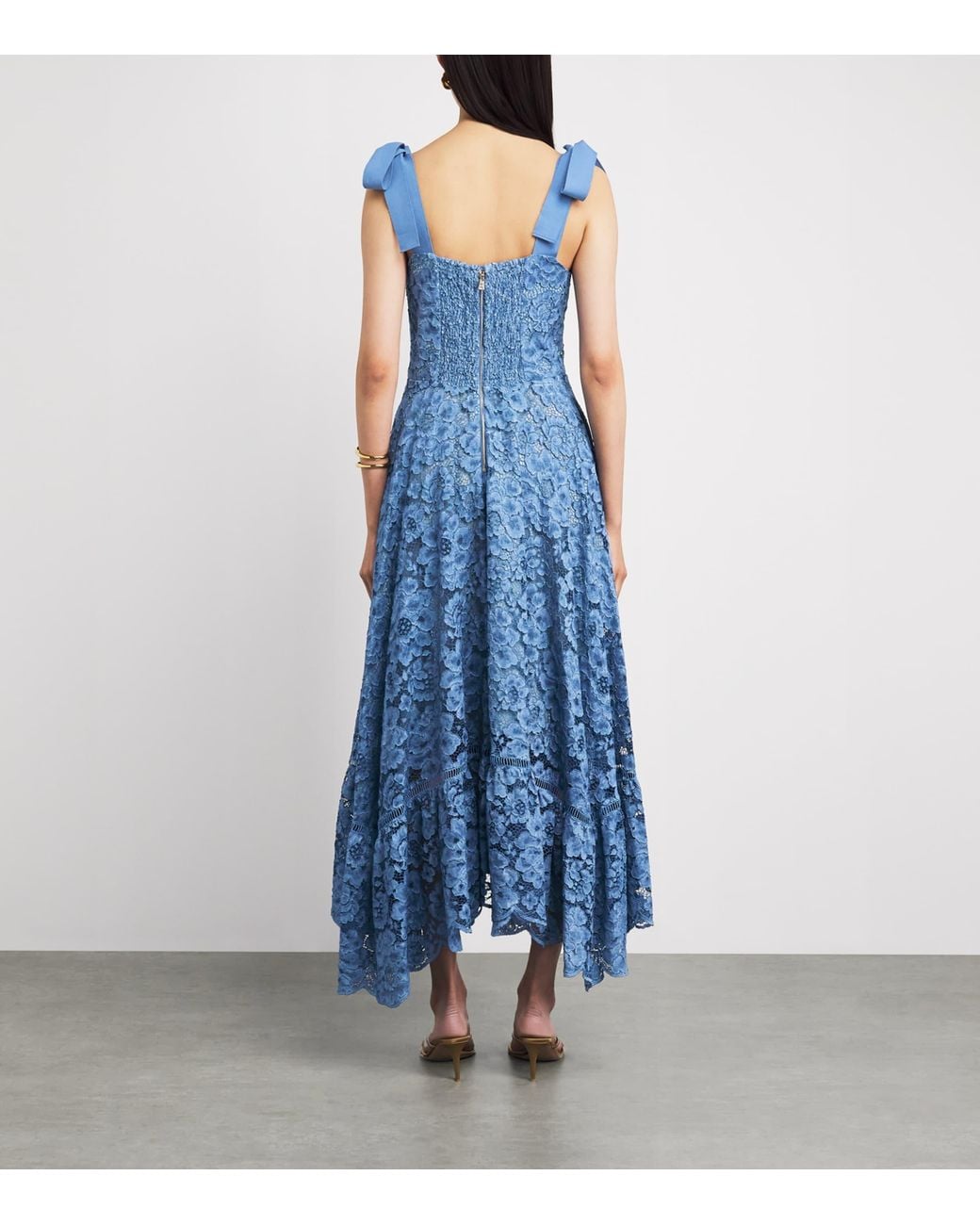alice olivia blue lace dress MARNA TIERED MIDI TIE STRAP DRESS in OFF WHITE/FRENCH BLUE
