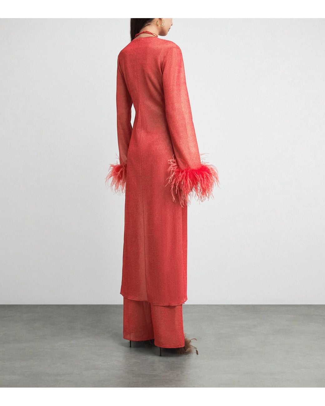 Oseree Red Feather-Trim Maxi Kaftan Dress