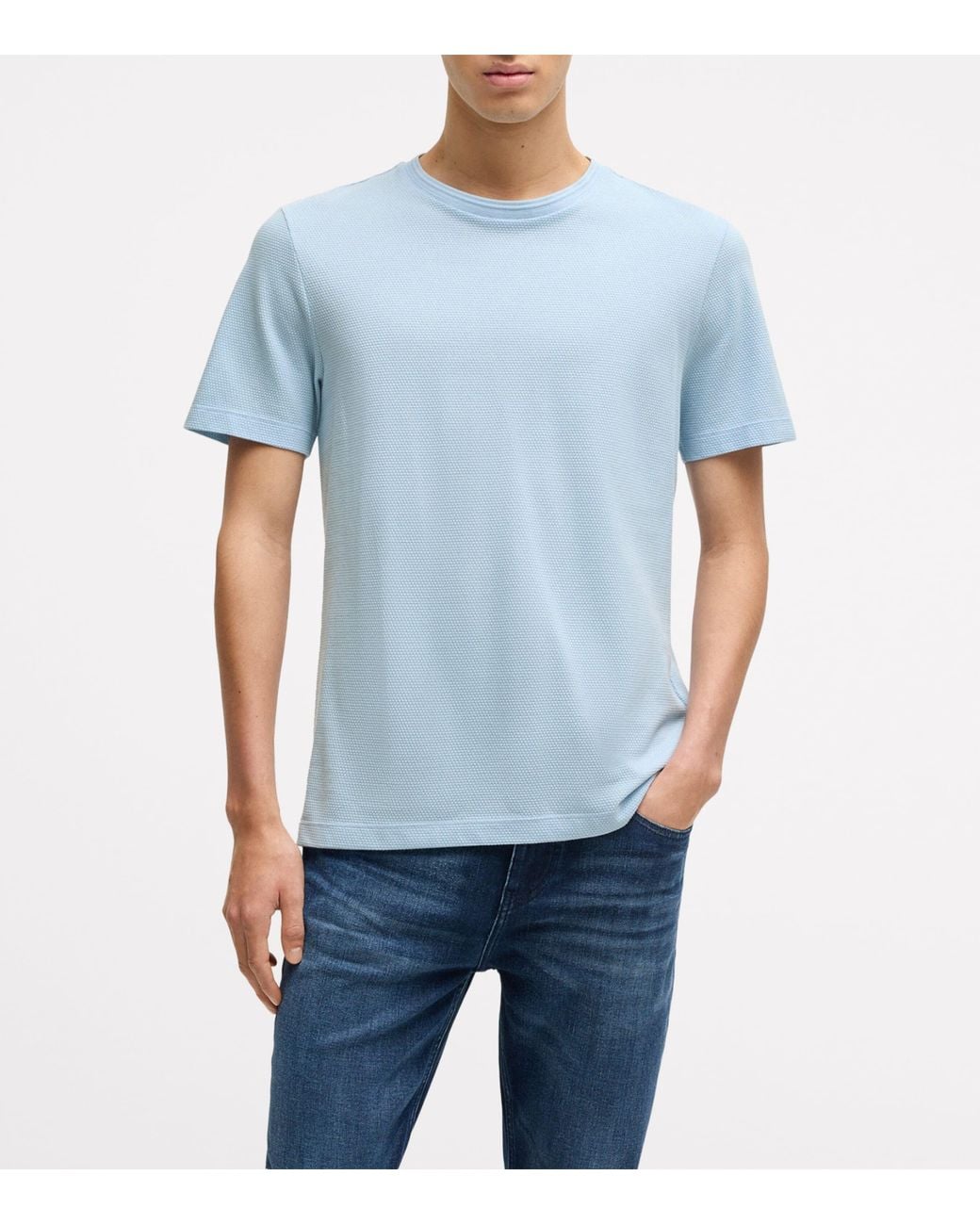 Boss Blue Cotton-Blend Bubble-Jacquard T-Shirt for men