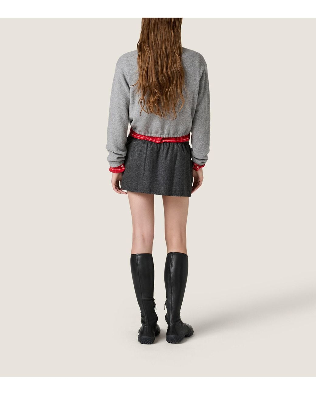 Miu Miu Gray Wool-Cashmere Cropped V-Neck Sweater