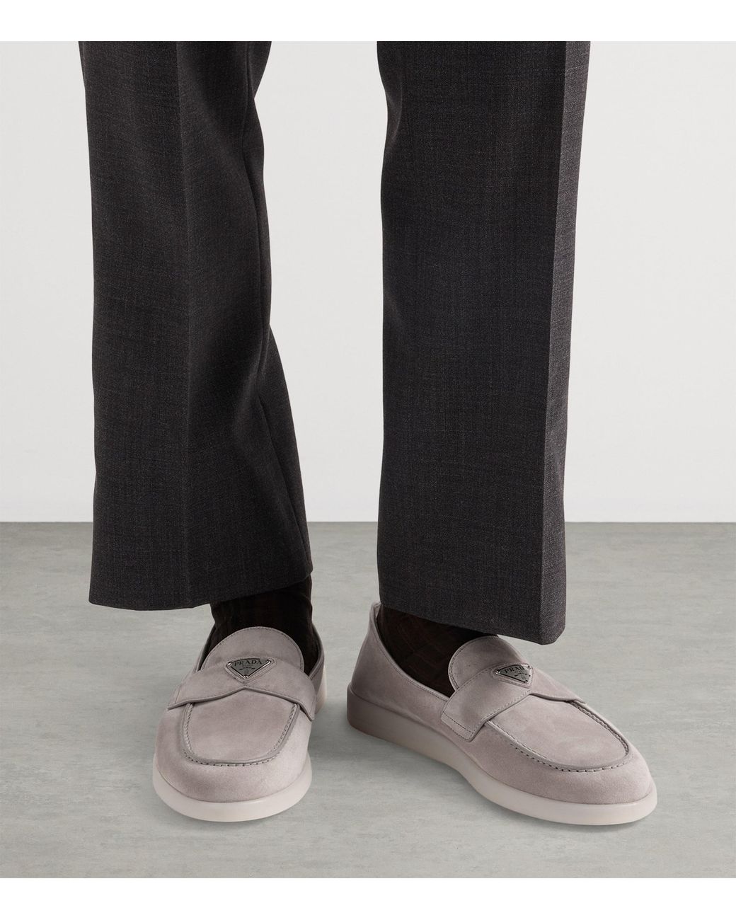 Prada Gray Suede Triangle Loafers for men