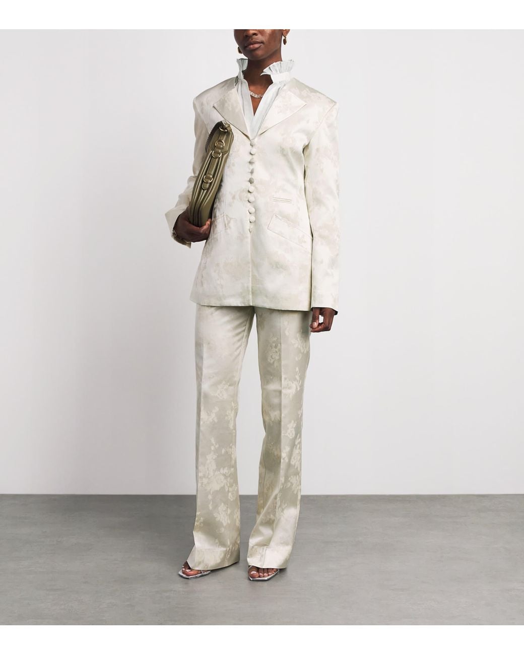 Ganni White Satin Floral Blazer
