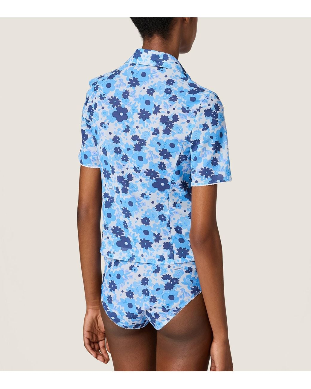 Miu Miu Blue Zip-Up Floral Print Shirt