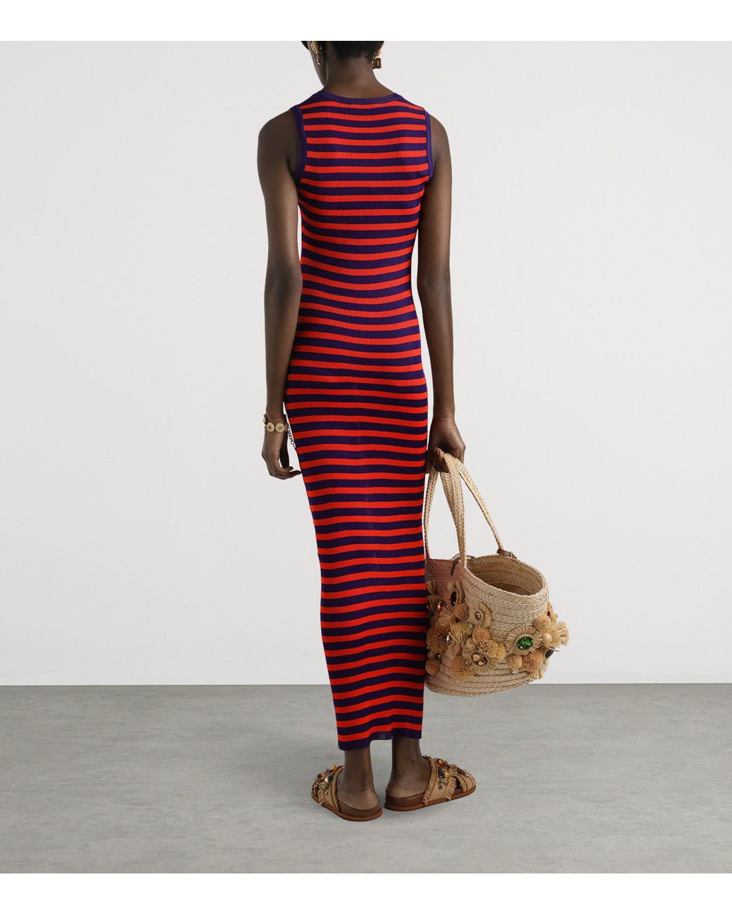 Dolce & Gabbana Red Rib-Knit Stripe Maxi Dress