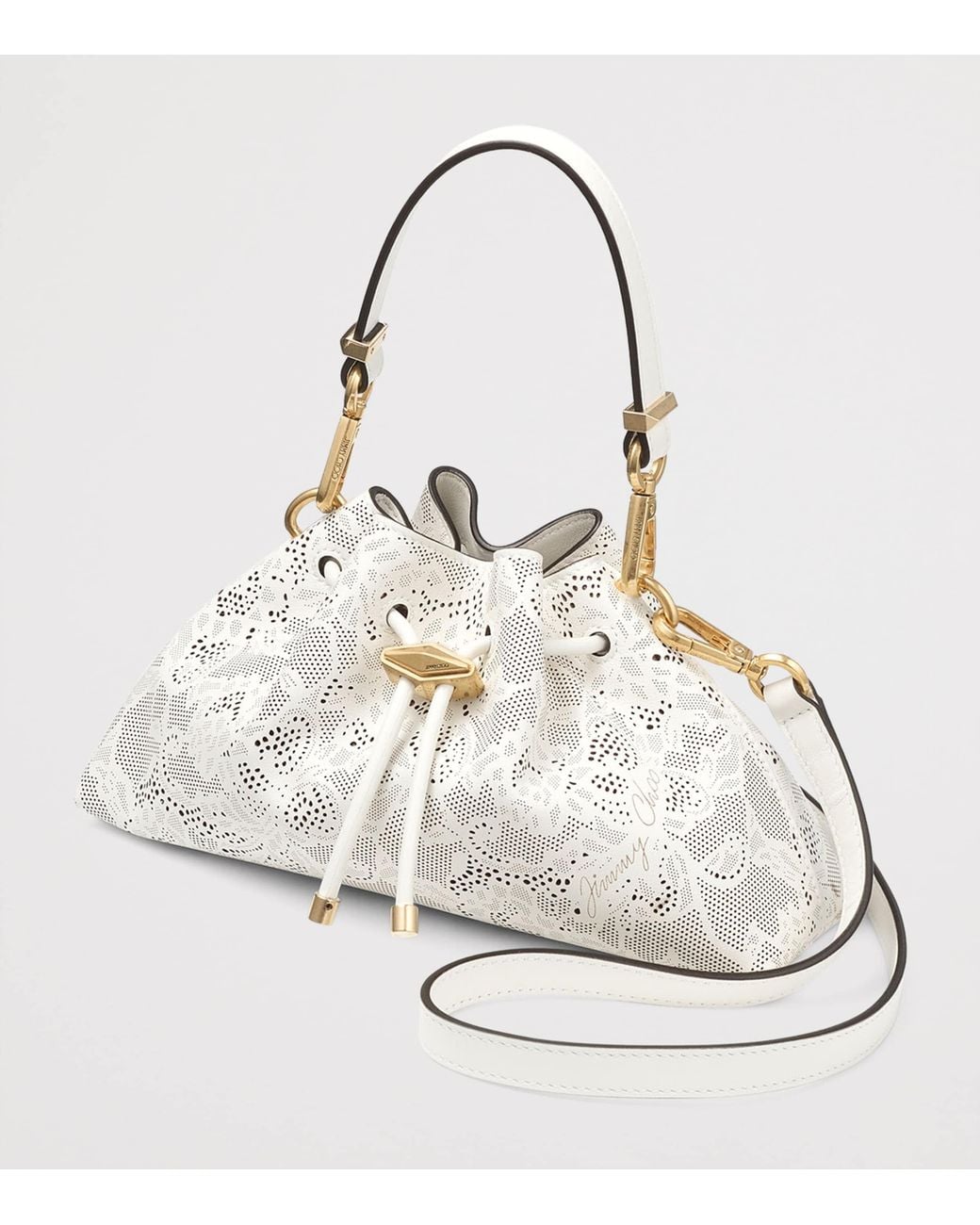 Jimmy Choo White Small Perforated Leather Cinch Shoulder Bag